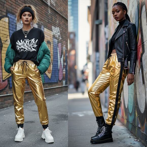 NEW Lauren Ralph Lauren Metallic Taffeta Jogger Pant Gold Black Size 2 $225 Bold - Picture 1 of 12